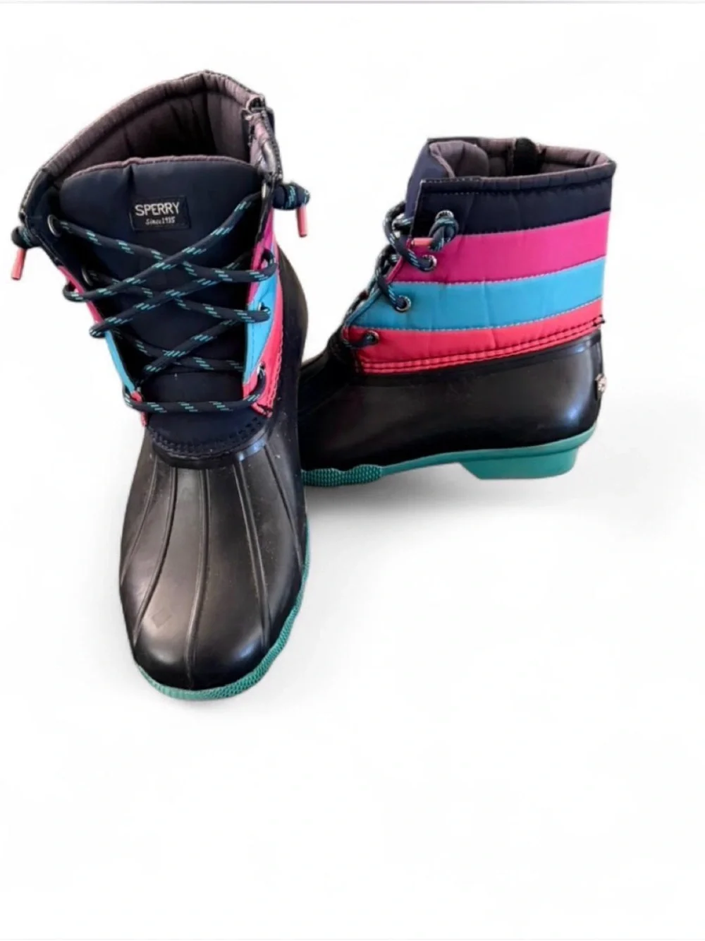 Sperry Kids Black Duck Boots with Teal and Pink Accents